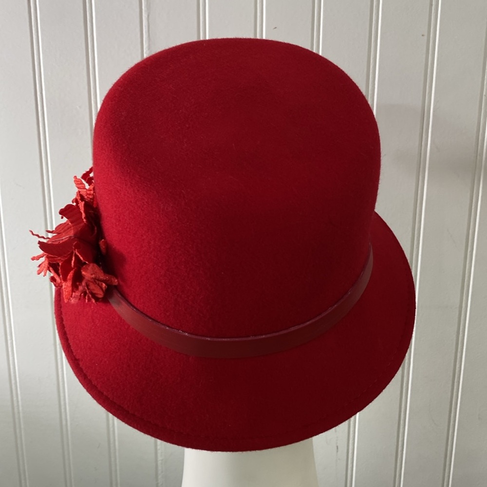 A August Vintage Red 100% Wool Hat Bow Church Cloche‎ Fedora Lipstick Red - Picture 5 of 14